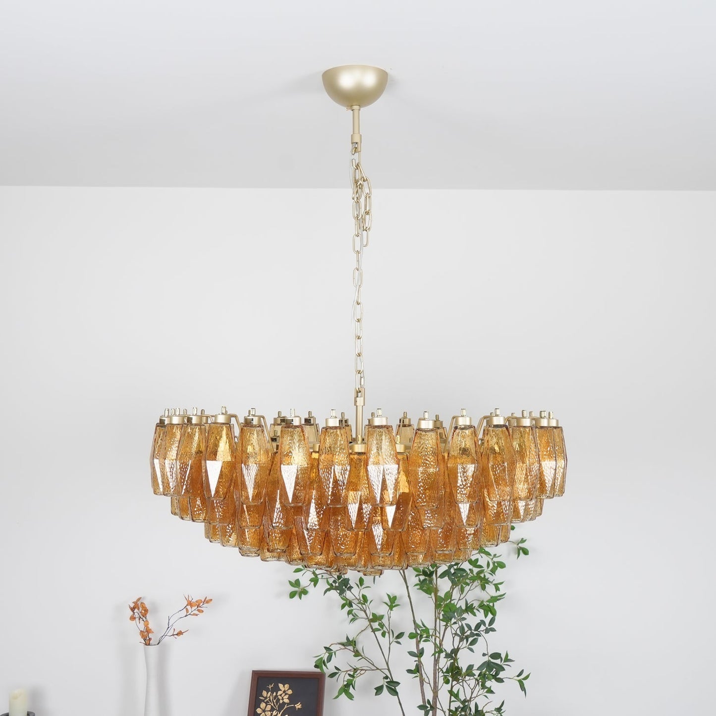 Murano Rhombus Amber Glass Chandelier Dia 35.4″ x H 17.7″ / Amber & Gold Chandelier