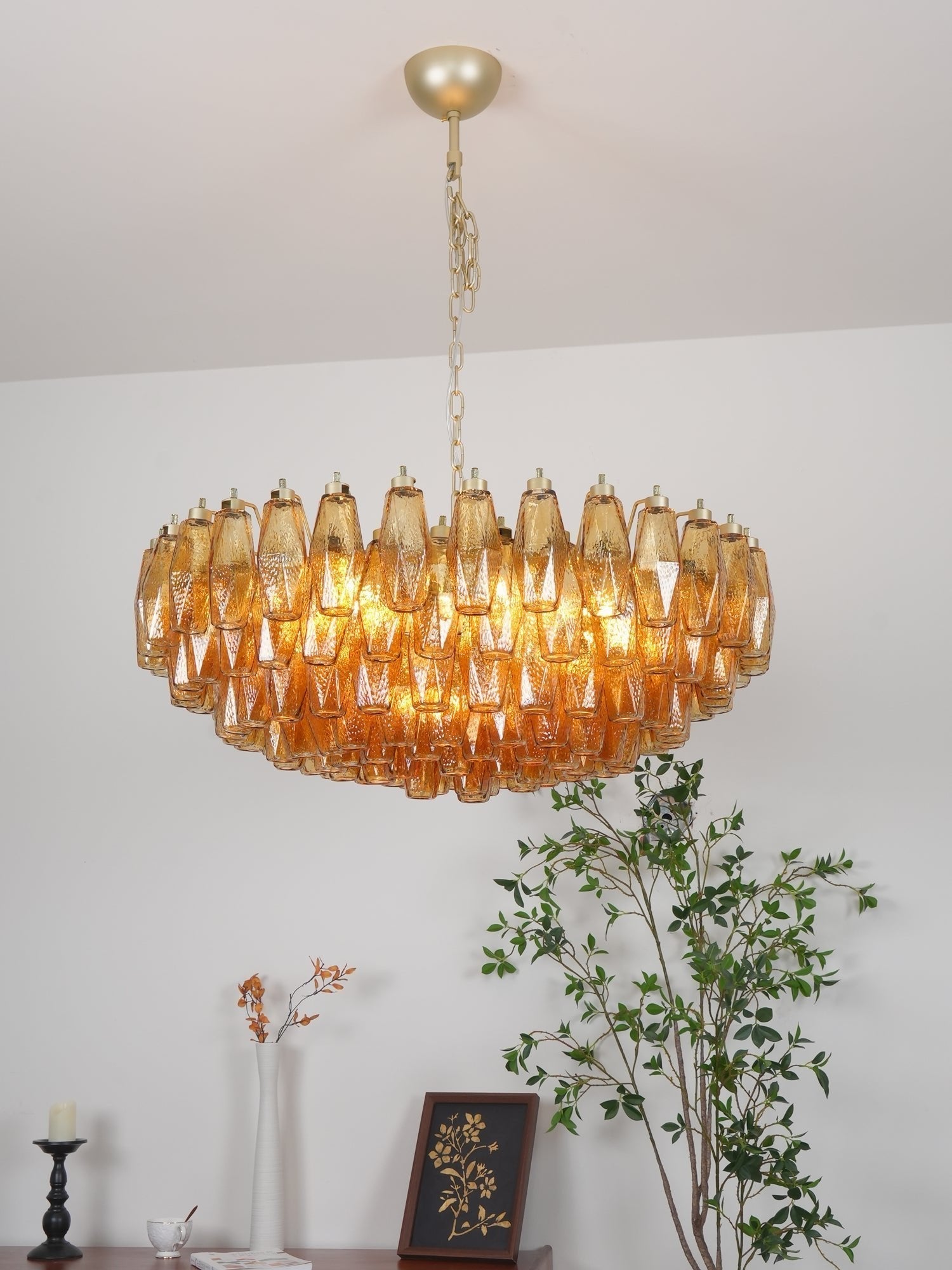 Murano Rhombus Amber Glass Chandelier Dia 35.4″ x H 17.7″ / Amber & Gold Chandelier