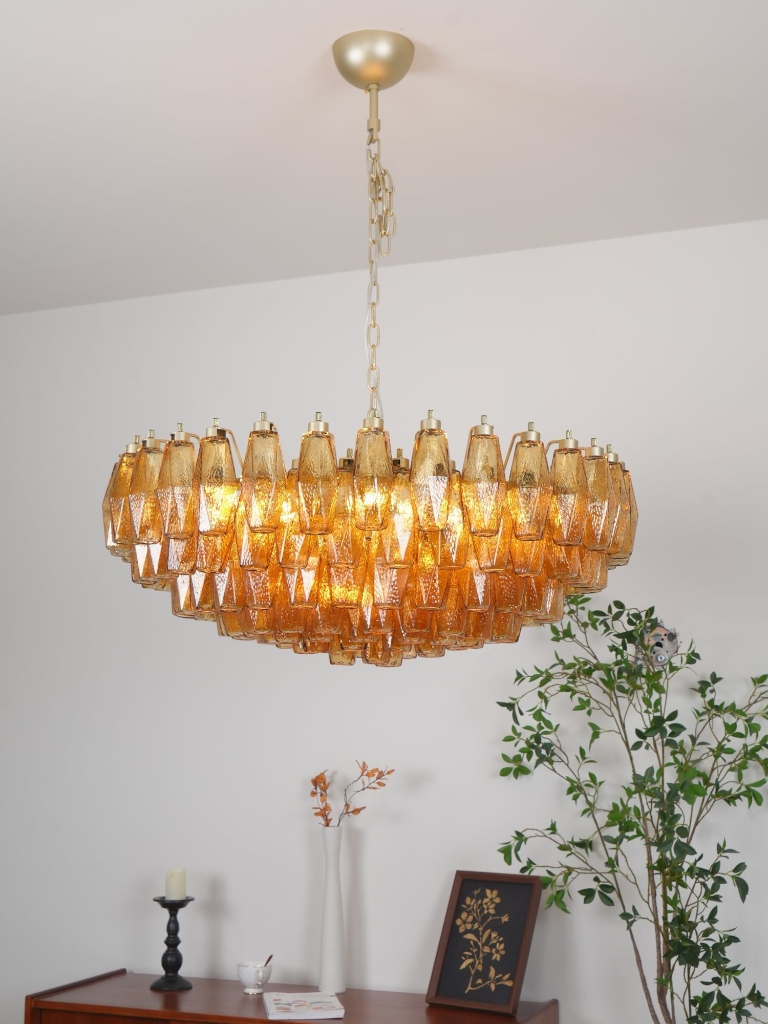 Murano Rhombus Amber Glass Chandelier Dia 35.4″ x H 17.7″ / Amber & Gold Chandelier