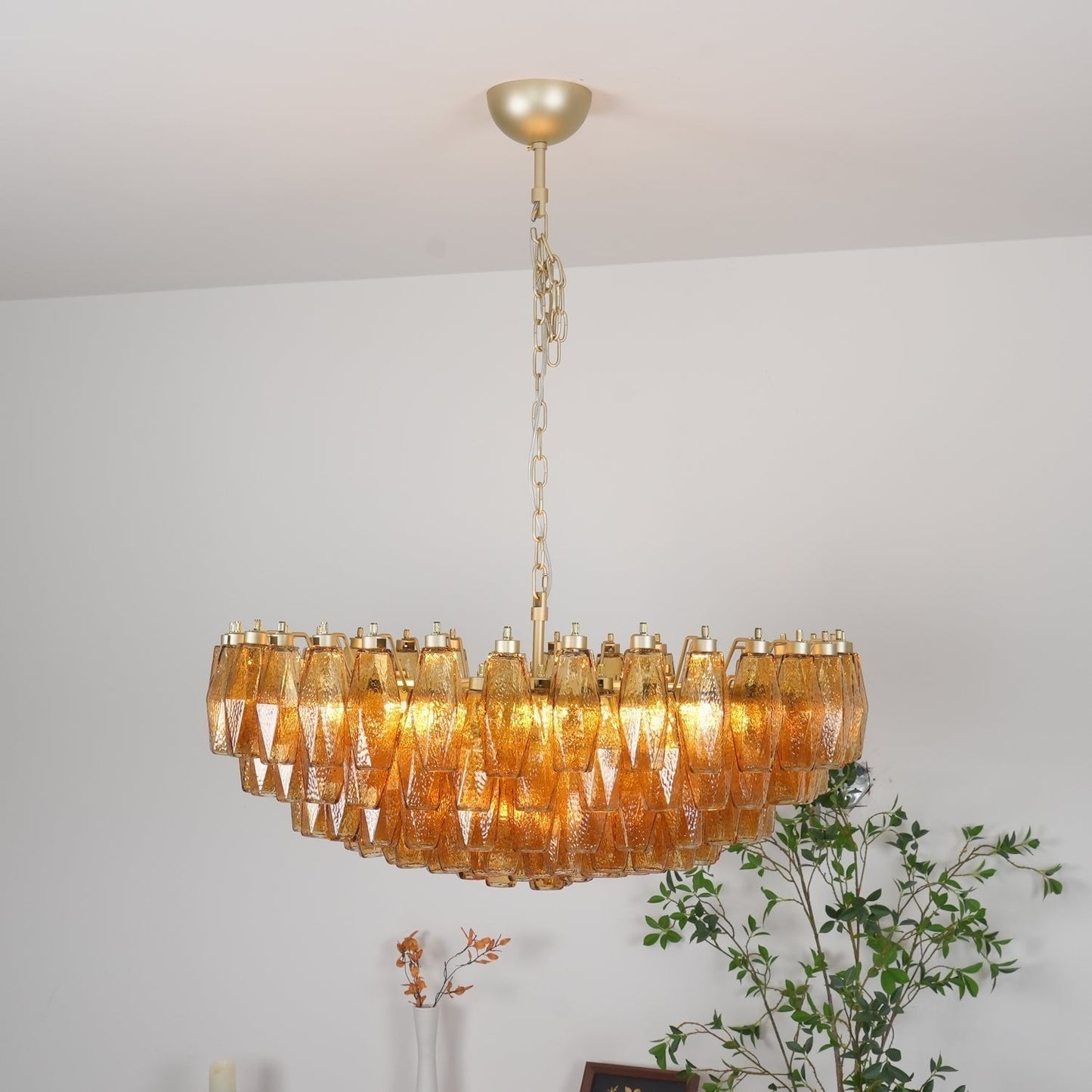 Murano Rhombus Amber Glass Chandelier Dia 35.4″ x H 17.7″ / Amber & Gold Chandelier