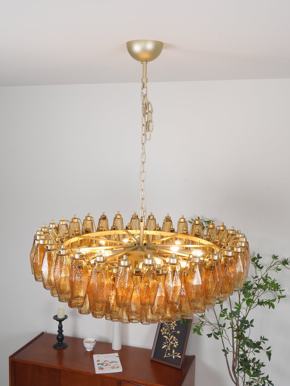 Murano Rhombus Amber Glass Chandelier Dia 35.4″ x H 17.7″ / Amber & Gold Chandelier