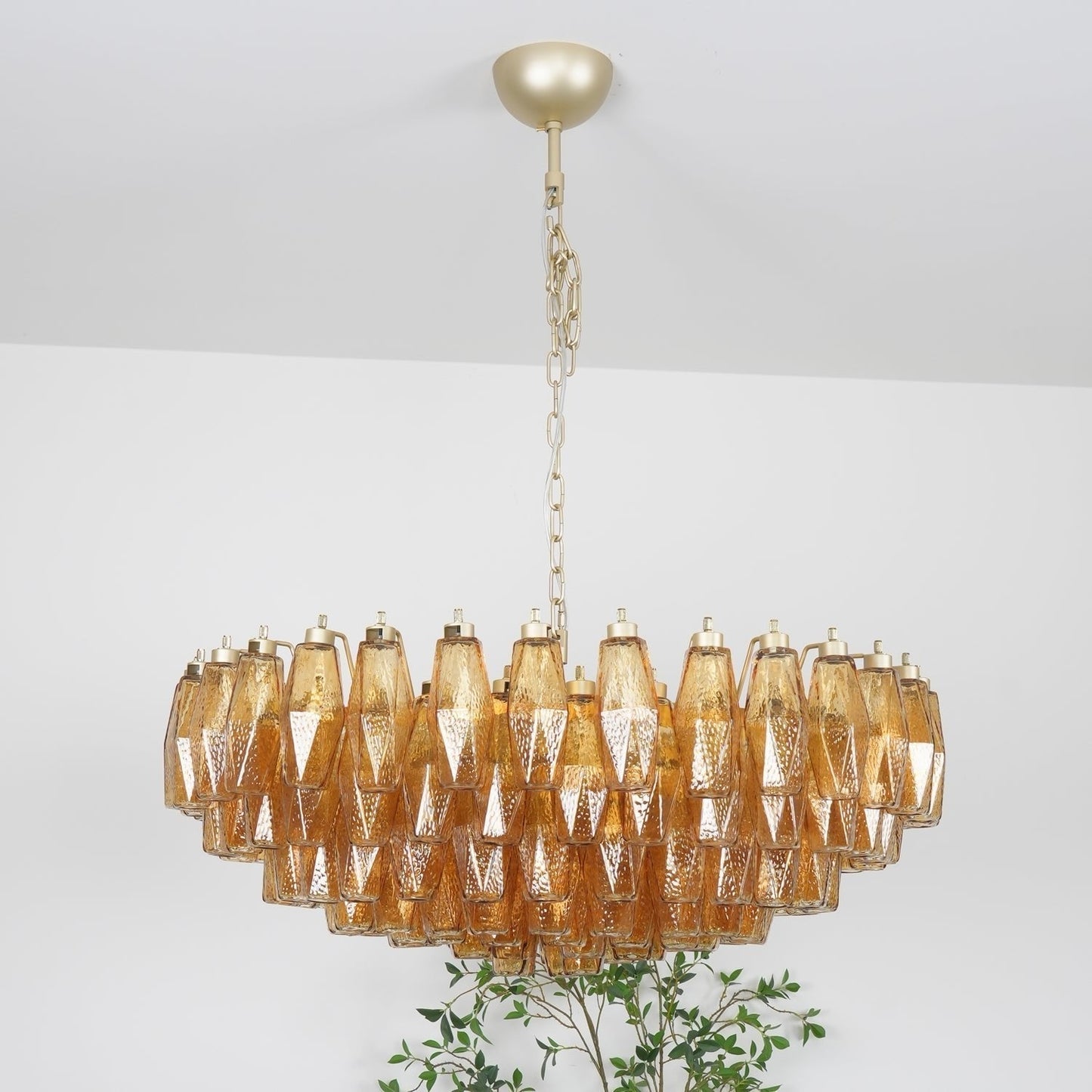 Murano Rhombus Amber Glass Chandelier Dia 35.4″ x H 17.7″ / Amber & Gold Chandelier