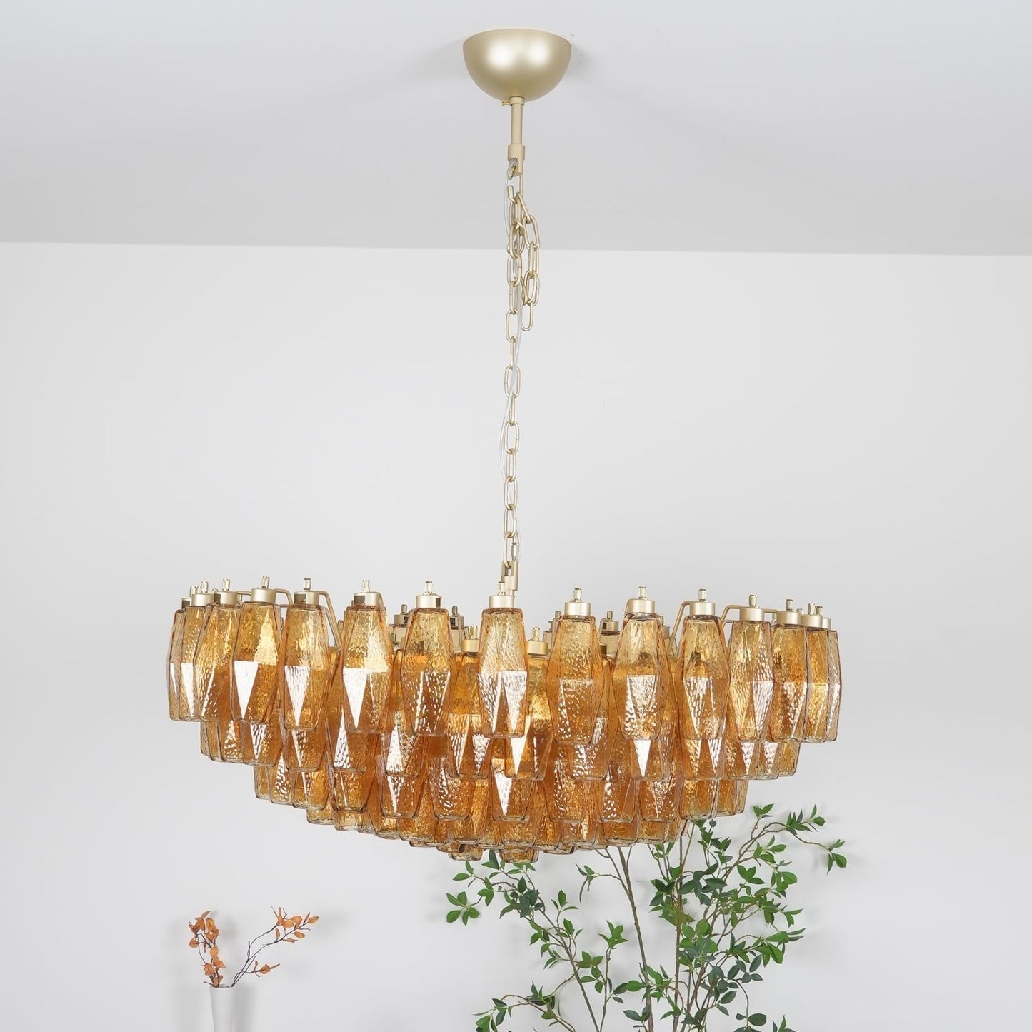 Murano Rhombus Amber Glass Chandelier Dia 35.4″ x H 17.7″ / Amber & Gold Chandelier