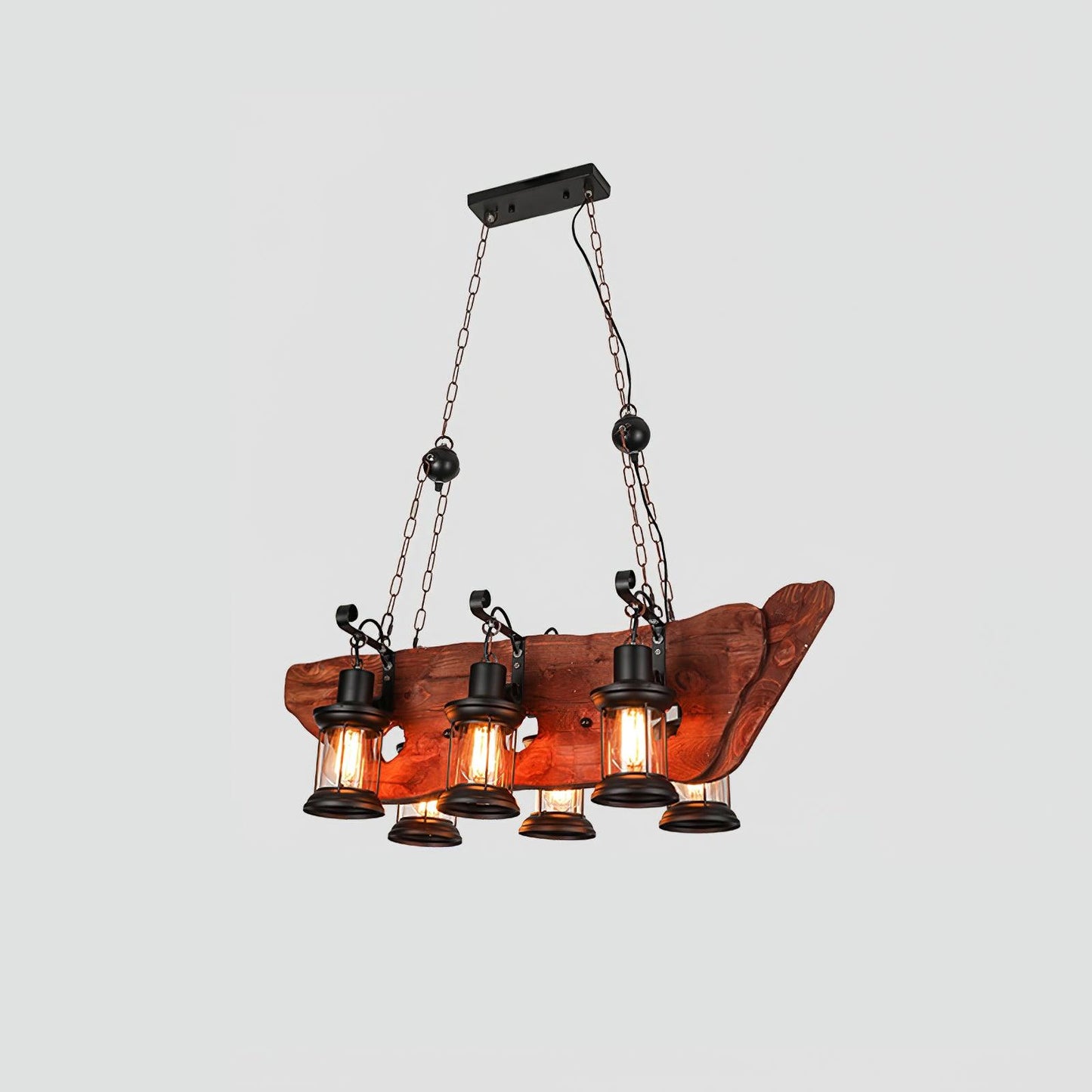 Nautical Industrial Style Wooden Chandelier Model D L 35.4″ x H 39.4″ / L 90cm x H 100cm / Black & Brown wood & Clear