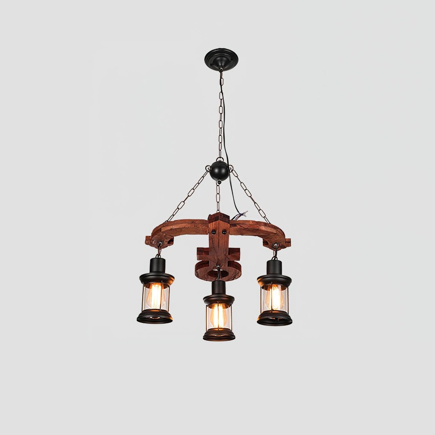 Nautical Industrial Style Wooden Chandelier Model C Dia 21.7″ x H 39.4″ / Dia 55cm x H 100cm / Black & Brown wood & Clear