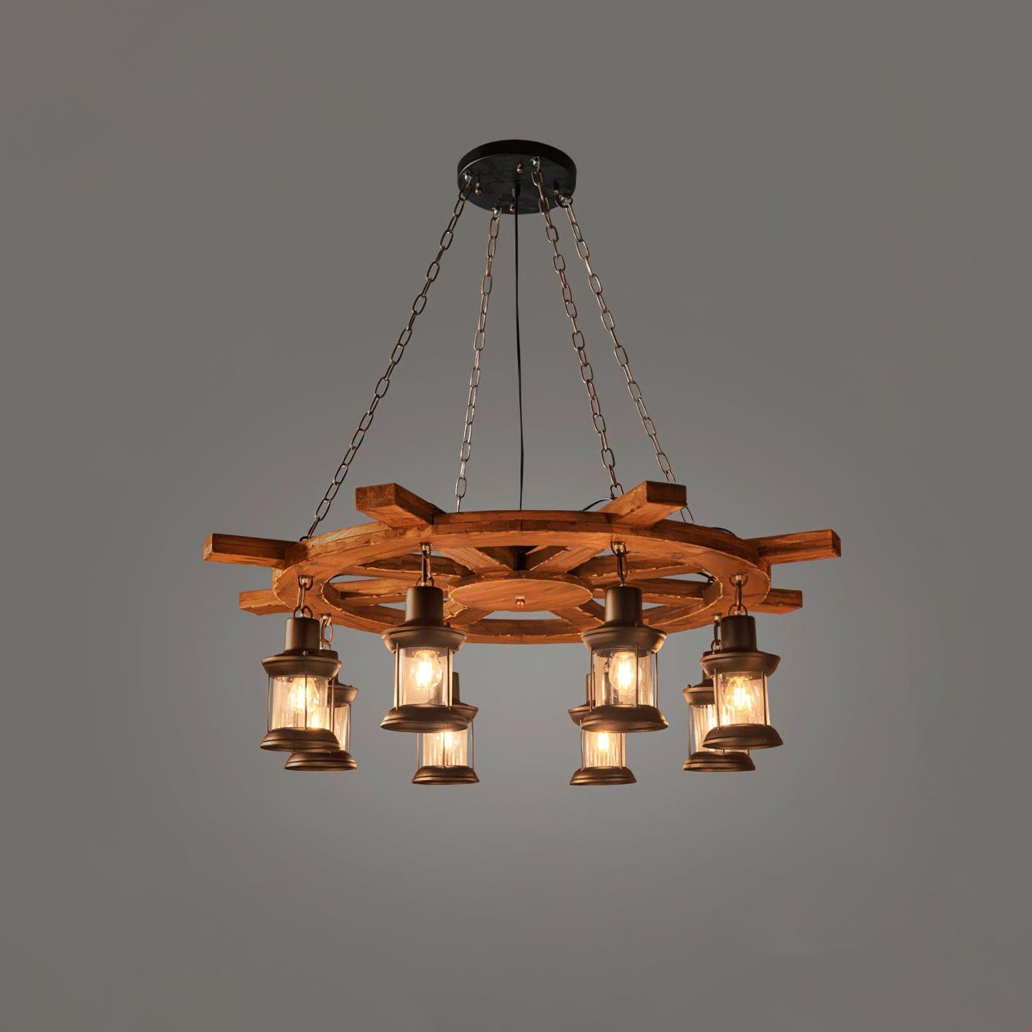 Nautical Industrial Style Wooden Chandelier Model G Dia 31.5″ x H 39.4″ / Dia 80cm x H 100cm / Black & Brown wood & Clear