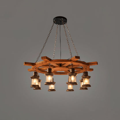Nautical Industrial Style Wooden Chandelier Model G Dia 31.5″ x H 39.4″ / Dia 80cm x H 100cm / Black & Brown wood & Clear