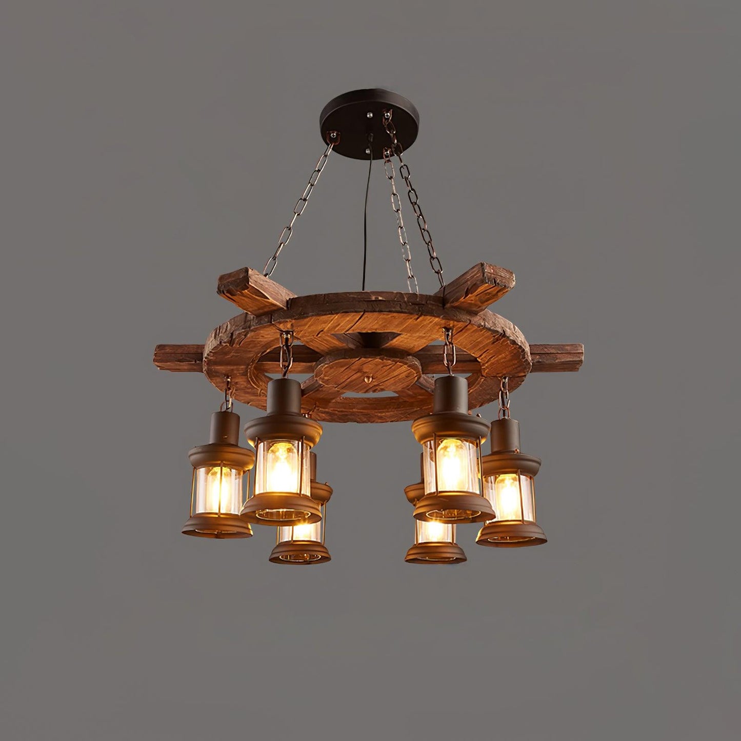 Nautical Industrial Style Wooden Chandelier Model F Dia 30.7″ x H 39.4″ / Dia 78cm x H 100cm / Black & Brown wood & Clear