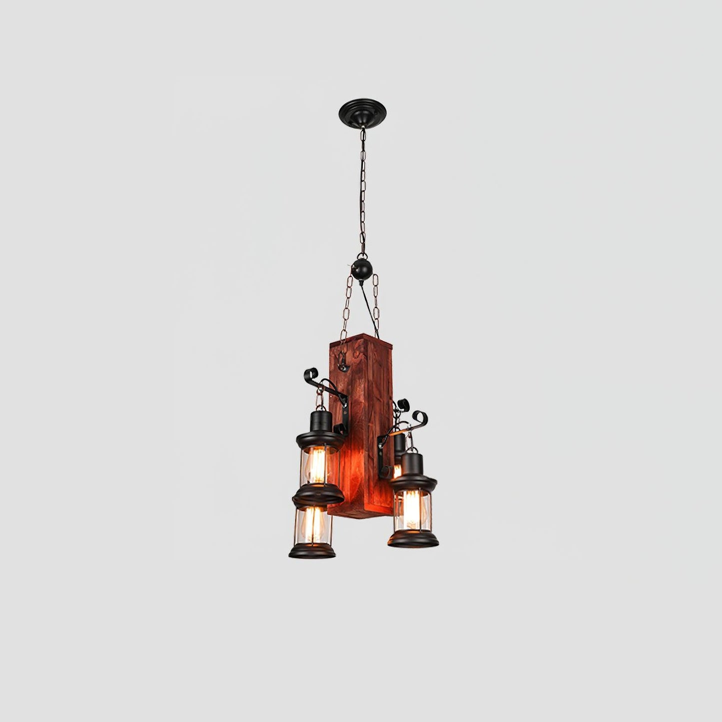 Nautical Industrial Style Wooden Chandelier Model B Dia 17.7″ x H 39.4″ / Dia 45cm x H 100cm / Black & Brown wood & Clear