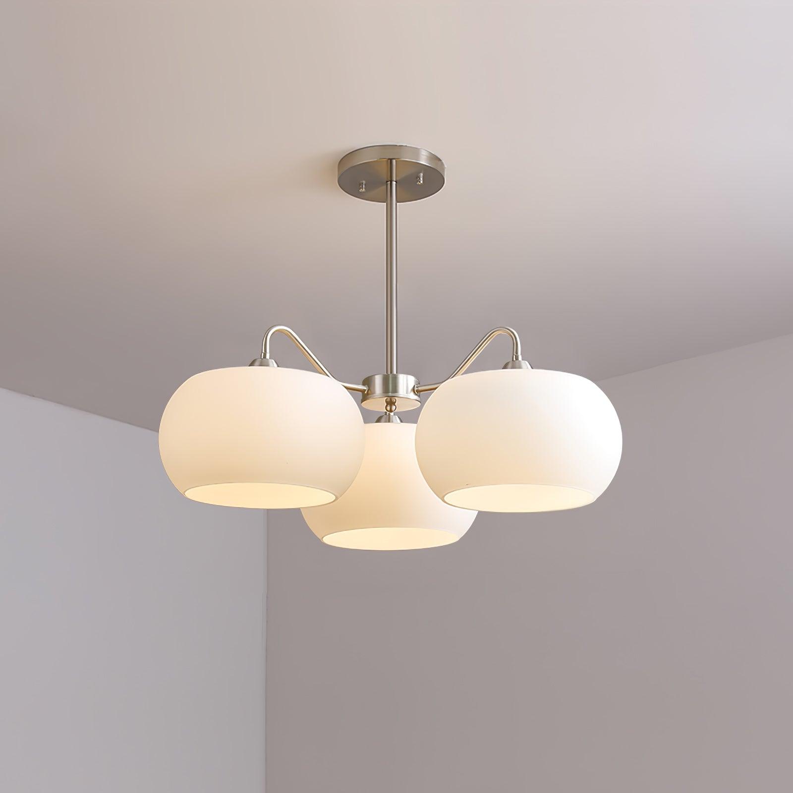 Nickel Glass Persimmon Chandelier 3 Heads Dia 25.2″ x H 11.8″ / Dia 64cm x H 30cm / Nickel & White Chandelier