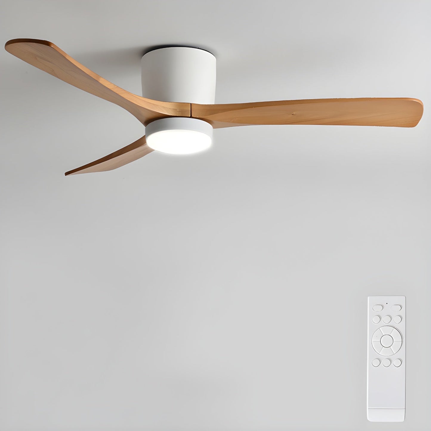 Nordic Wooden 42’’/48’’ Ceiling Fan Light Dia 42″ x H 11″ / White & Nature Wood / Three-Color Changing Light Ceiling fan