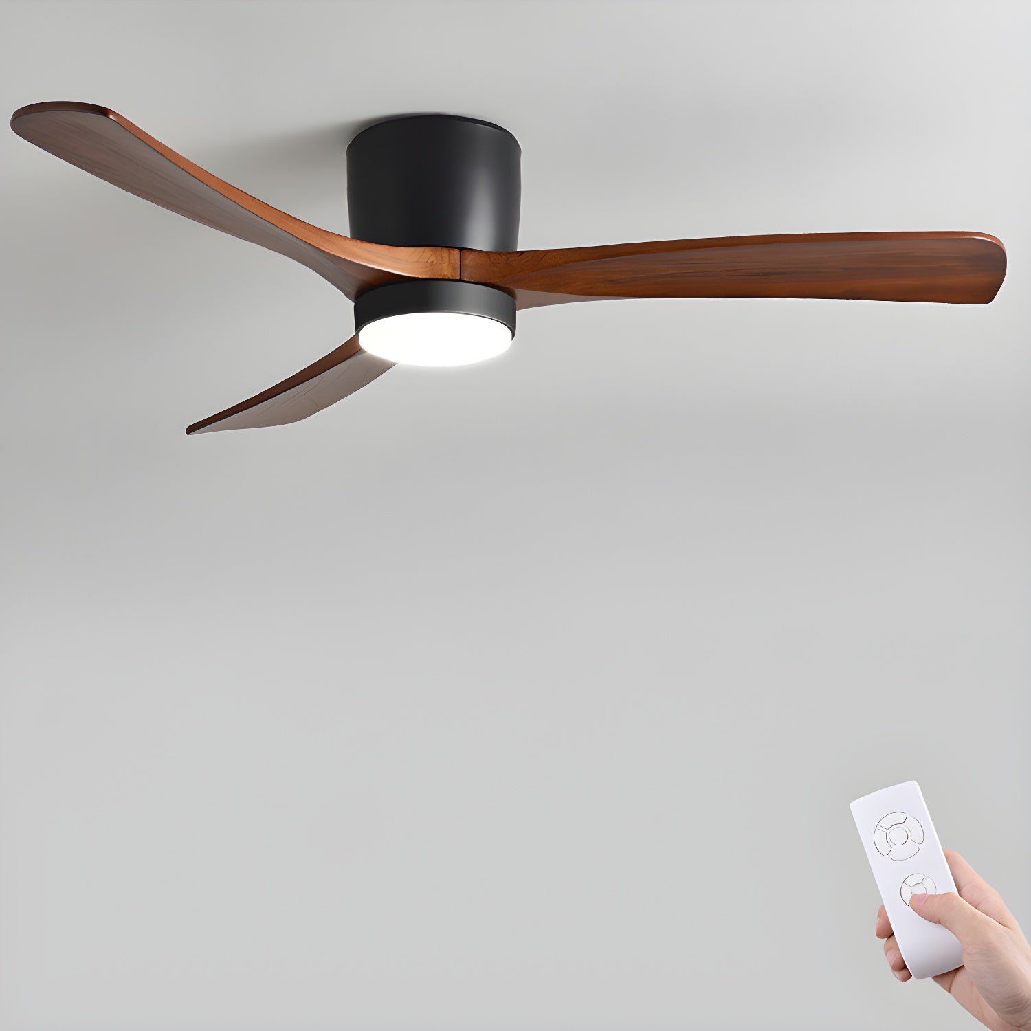 Nordic Wooden 42’’/48’’/52’’ Ceiling Fan Light ? 36″ x H 11″ / Black & Walnut Wood / Three-Color Changing Light 1001