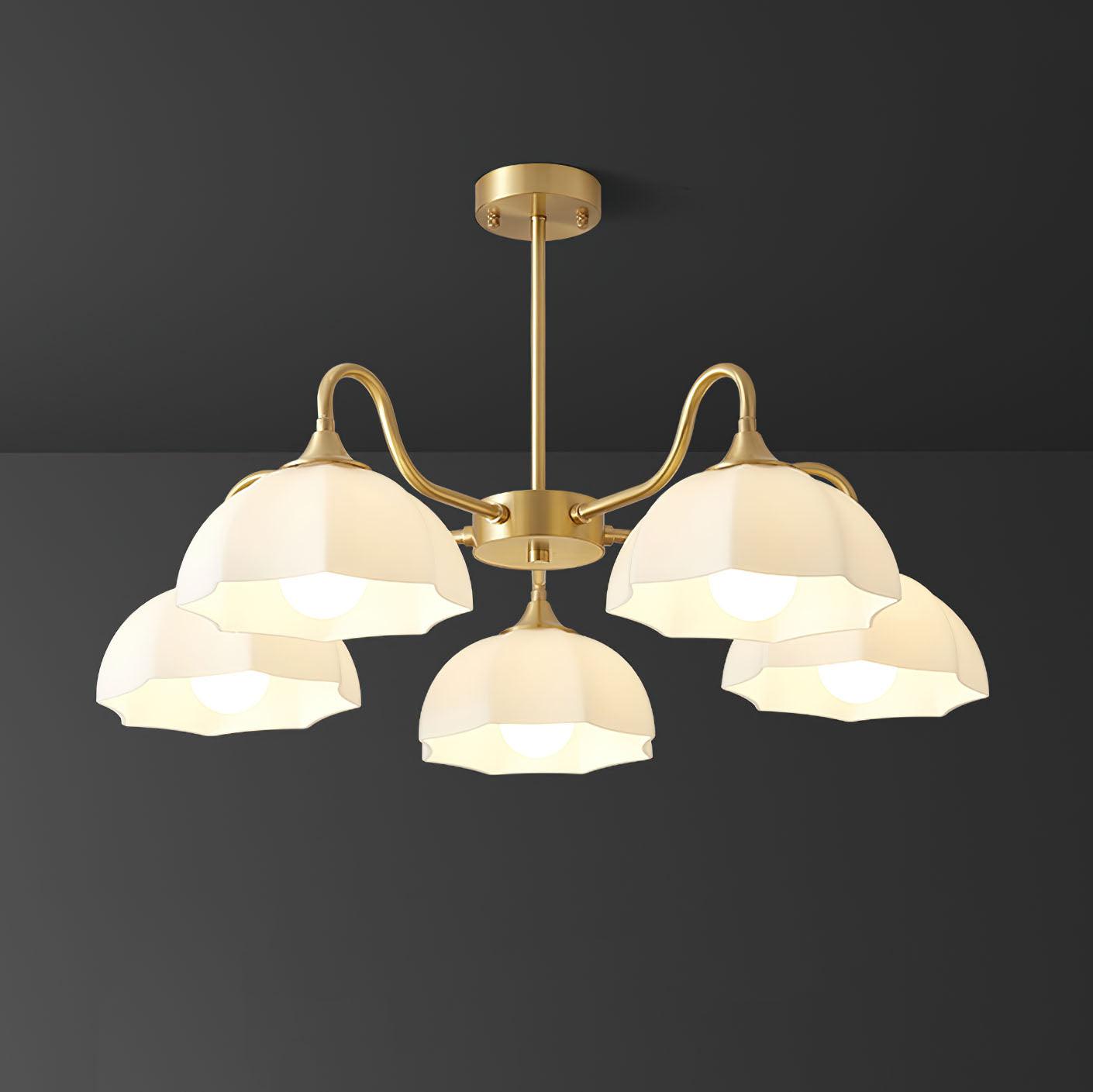 Octagonal Glass Bowl Chandelier 5 heads Φ 27.6″ x H 17.3″ / Dia 70cm x H 44cm / Brass & White Chandelier