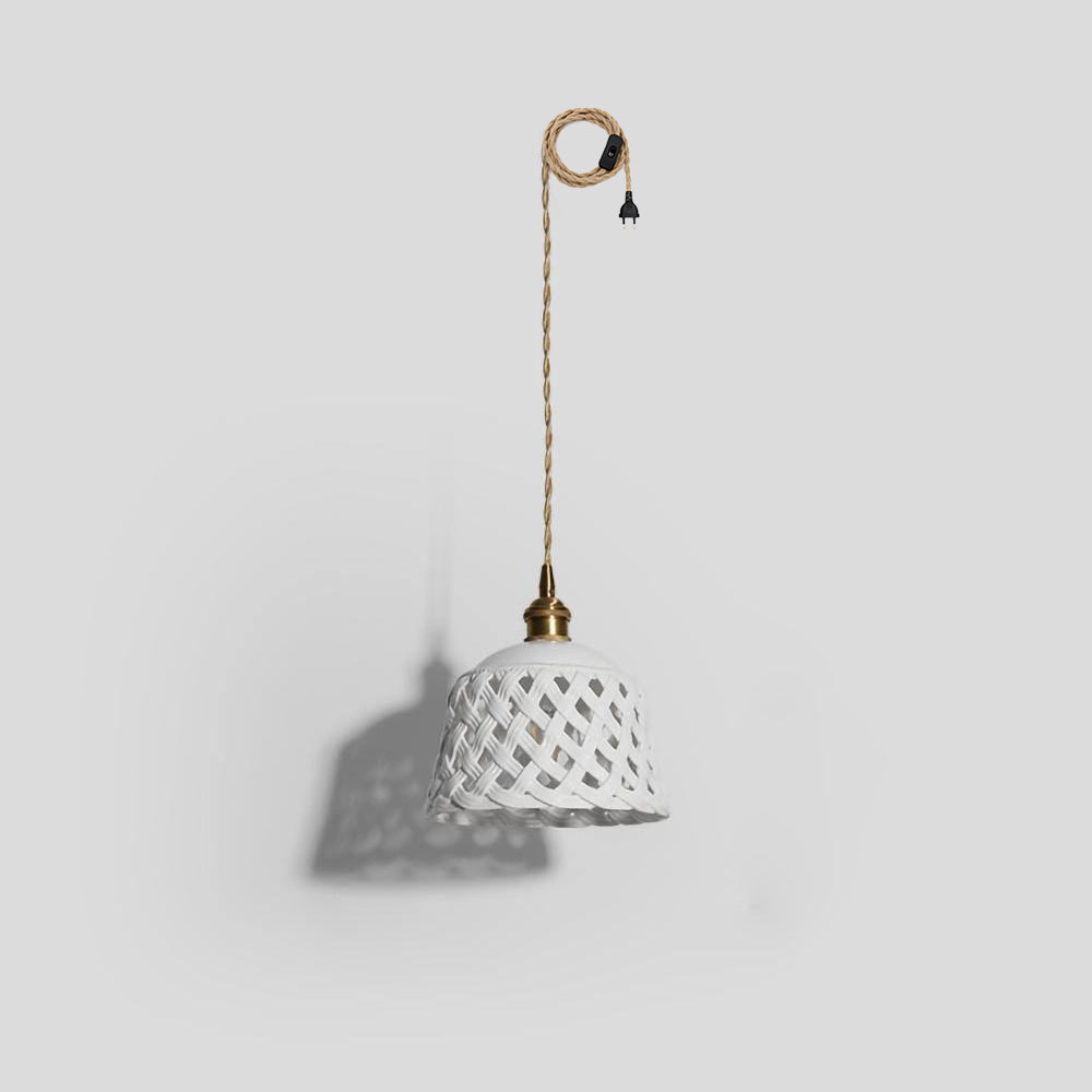 Openwork Ceramic Swag Light Dia 7.5″ x H 5.5″ / Dia 19cm x H14cm (2 hooks) / Brass & White / US Plug Pendant light