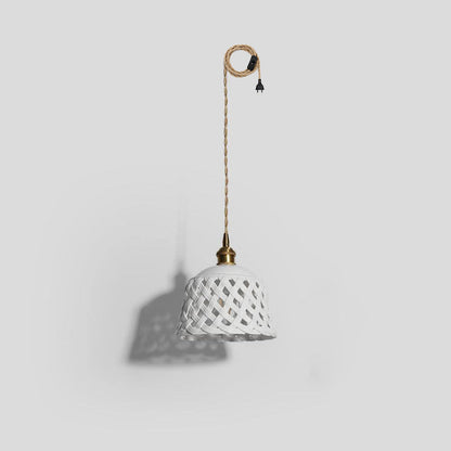 Openwork Ceramic Swag Light Dia 7.5″ x H 5.5″ / Dia 19cm x H14cm (2 hooks) / Brass & White / US Plug Pendant light
