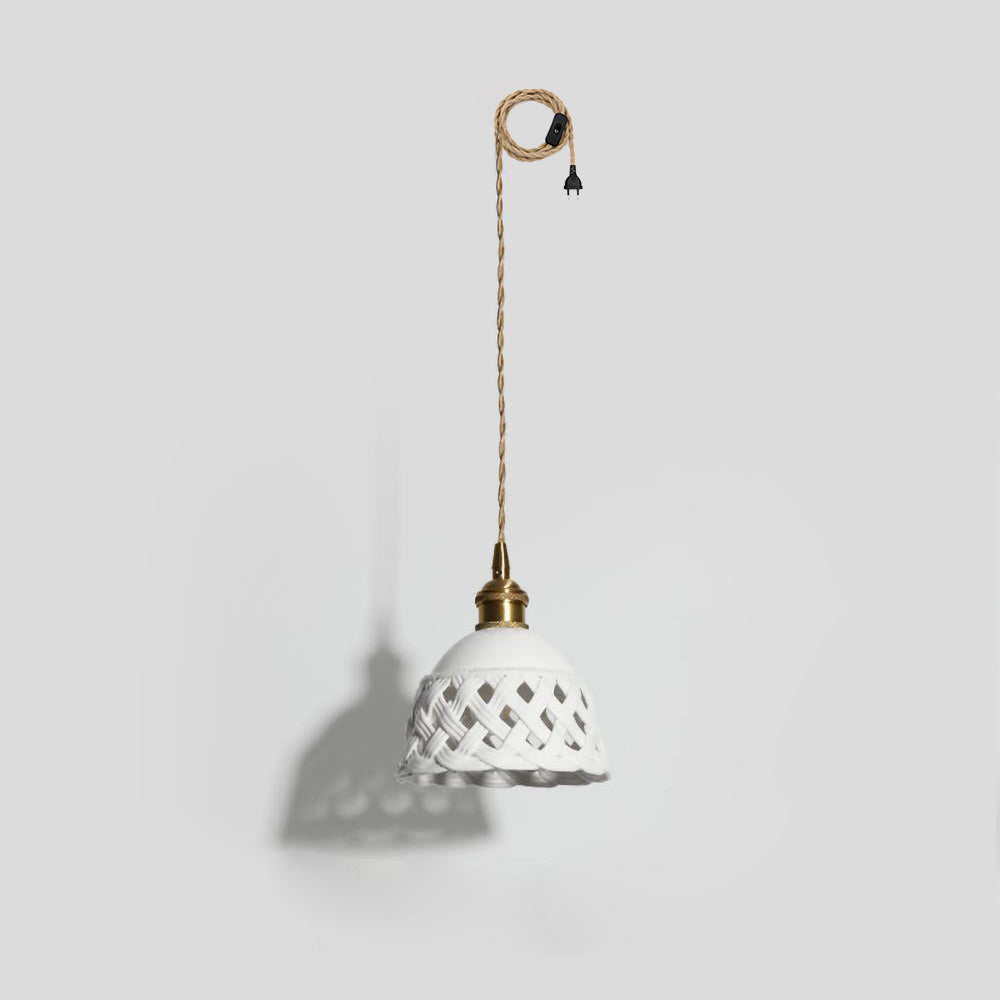 Openwork Ceramic Swag Light Dia 5.9″ x H 3.9″ / Dia 15cm x H10cm (2 hooks) / Brass & White / US Plug Pendant light