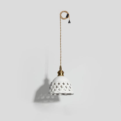 Openwork Ceramic Swag Light Dia 5.9″ x H 3.9″ / Dia 15cm x H10cm (2 hooks) / Brass & White / US Plug Pendant light