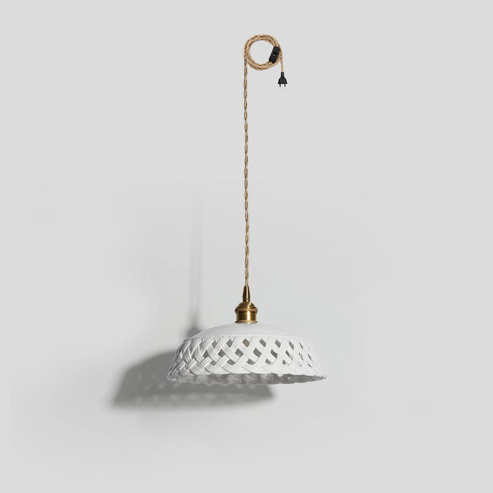 Openwork Ceramic Swag Light Dia 10.2″ x H 3.9″ / Dia 26cm x H10cm (2 hooks) / Brass & White / US Plug Pendant light