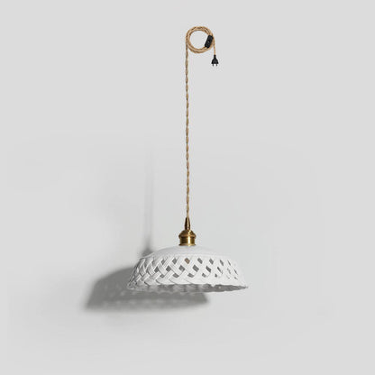 Openwork Ceramic Swag Light Dia 10.2″ x H 3.9″ / Dia 26cm x H10cm (2 hooks) / Brass & White / US Plug Pendant light
