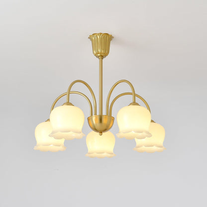 Orchids Brass Chandelier 5 Heads Dia 25.5″ x H 22″ / Dia 65cm x H 56cm / Brass & Beige Chandelier