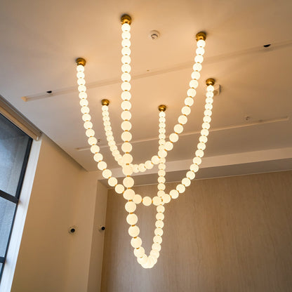 Pearl Necklace Balls Chandelier 3 strips 119-Balls L 59″ x H 47.2″ + L 59″ x H 63″ + L 59″ x H 82.7″ / Gold & White