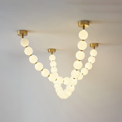 Pearl Necklace Balls Chandelier 2 strips 32-Balls L 39.4″ x H 22.8″ + L 45.3″ x H 30.7″ / Gold & White / Warm Light