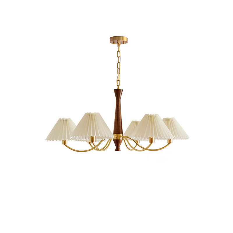 Pleated Chandelier 6 heads Dia 37.4″ x H 16.9″ / Dia 95cm x H 43cm / Walnut & Beige & Polished Brass Chandelier