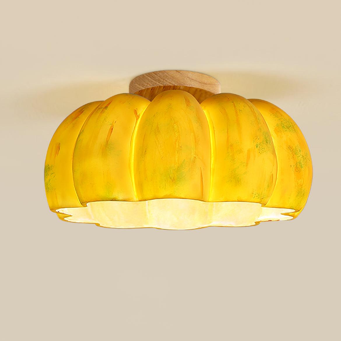 Pumpkin Ceiling Light ?13.8″ x H 7.7″ / Dia 35cm x H 19.5cm / Yellow & Wood color Ceiling lamp