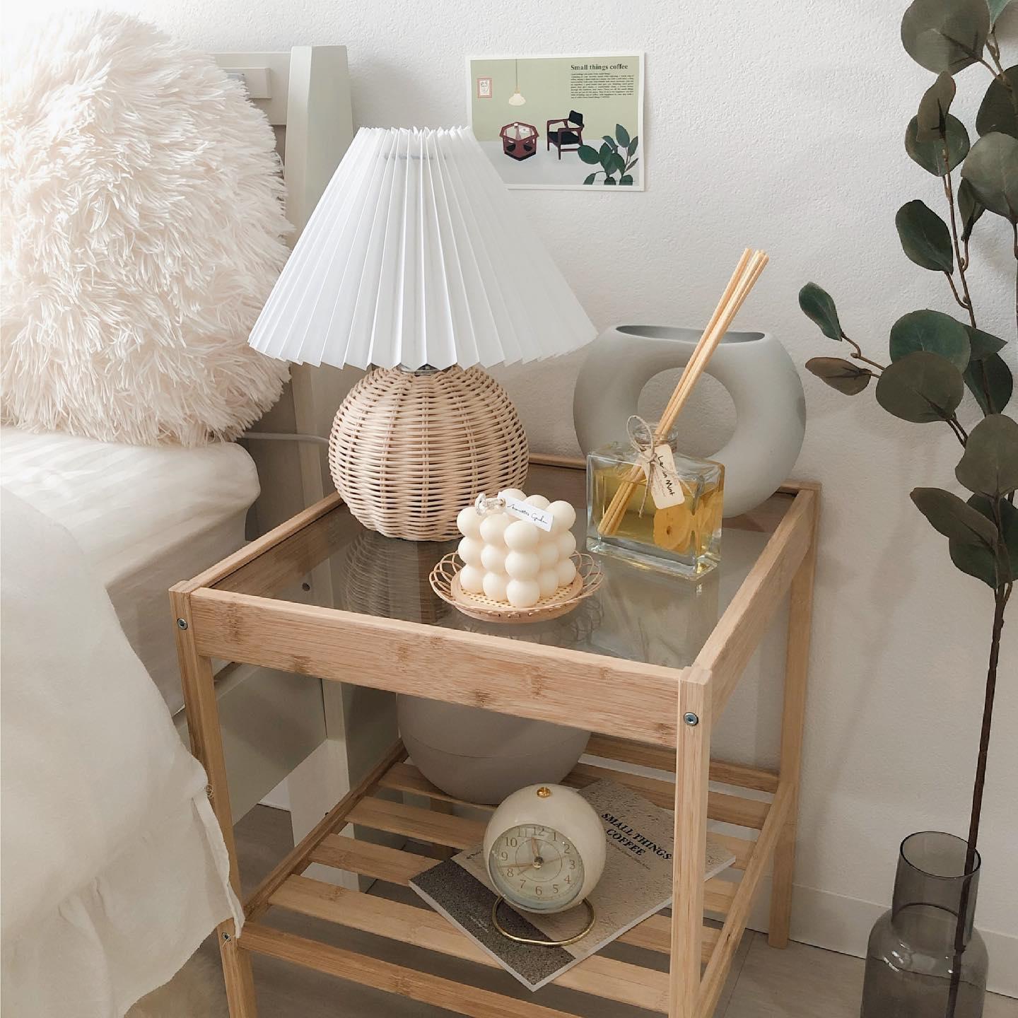 Rattan Pleated Table lamp Dia 9.4″ x H 11″ / Dia 24cm x H 28cm / White & Nature rattan / USB Plug 灯具