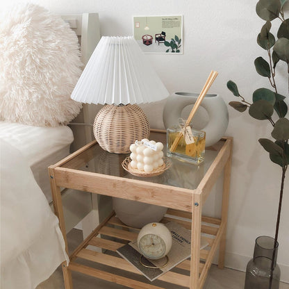 Rattan Pleated Table lamp Dia 9.4″ x H 11″ / Dia 24cm x H 28cm / White & Nature rattan / USB Plug 灯具