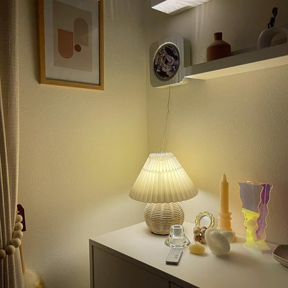 Rattan Pleated Table lamp Dia 9.4″ x H 11″ / Dia 24cm x H 28cm / White & Nature rattan / USB Plug 灯具