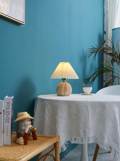 Rattan Pleated Table lamp Dia 9.4″ x H 11″ / Dia 24cm x H 28cm / White & Nature rattan / USB Plug 灯具