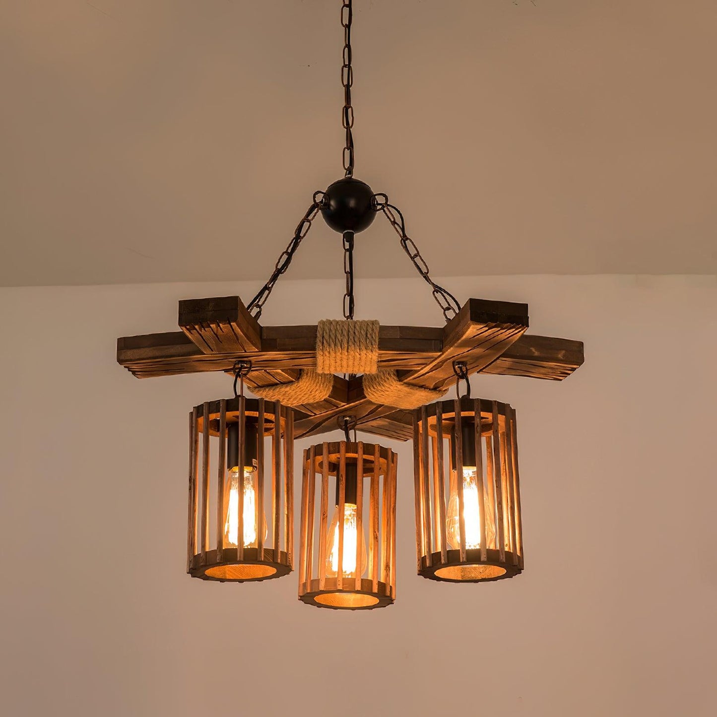 Retro Solid Wood Chandelier 3Heads L 19.7″ x H 19.7″ / L 50cm x H 50cm / Walnut color Chandelier