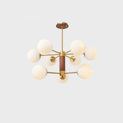 Ribbed Babble Glass Chandelier 9 Heads ? 29.5″ x H 14.2″ / Dia 75cm x H 36cm / Brass & Walnut & White Chandelier