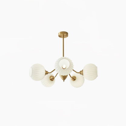 Ribbed Glass Ball Chandelier 5 Heads ? 31.5″ x H 9.8″ / Dia 80cm x H 25cm / Brass & White Chandelier