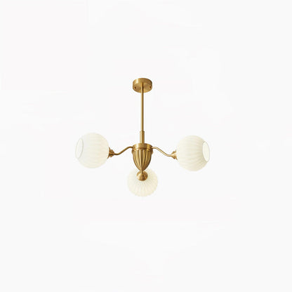 Ribbed Glass Ball Chandelier 3 Heads Dia 31.5″ x H 9.8″ / Dia 80cm x H 25cm / Brass & White Chandelier