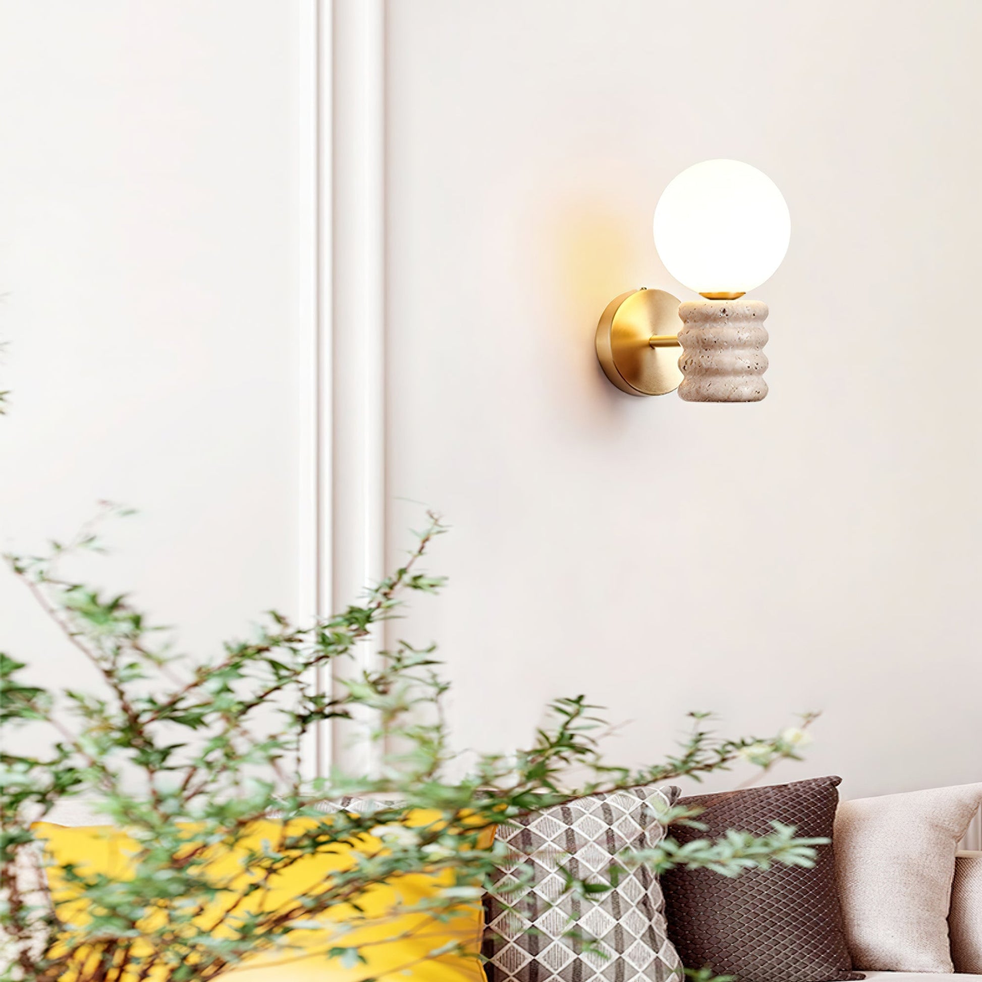 Romus Wall Lamp ? 3.9’’ x H 10.6’’ / Gold & Yellow Travertine Wall lamp