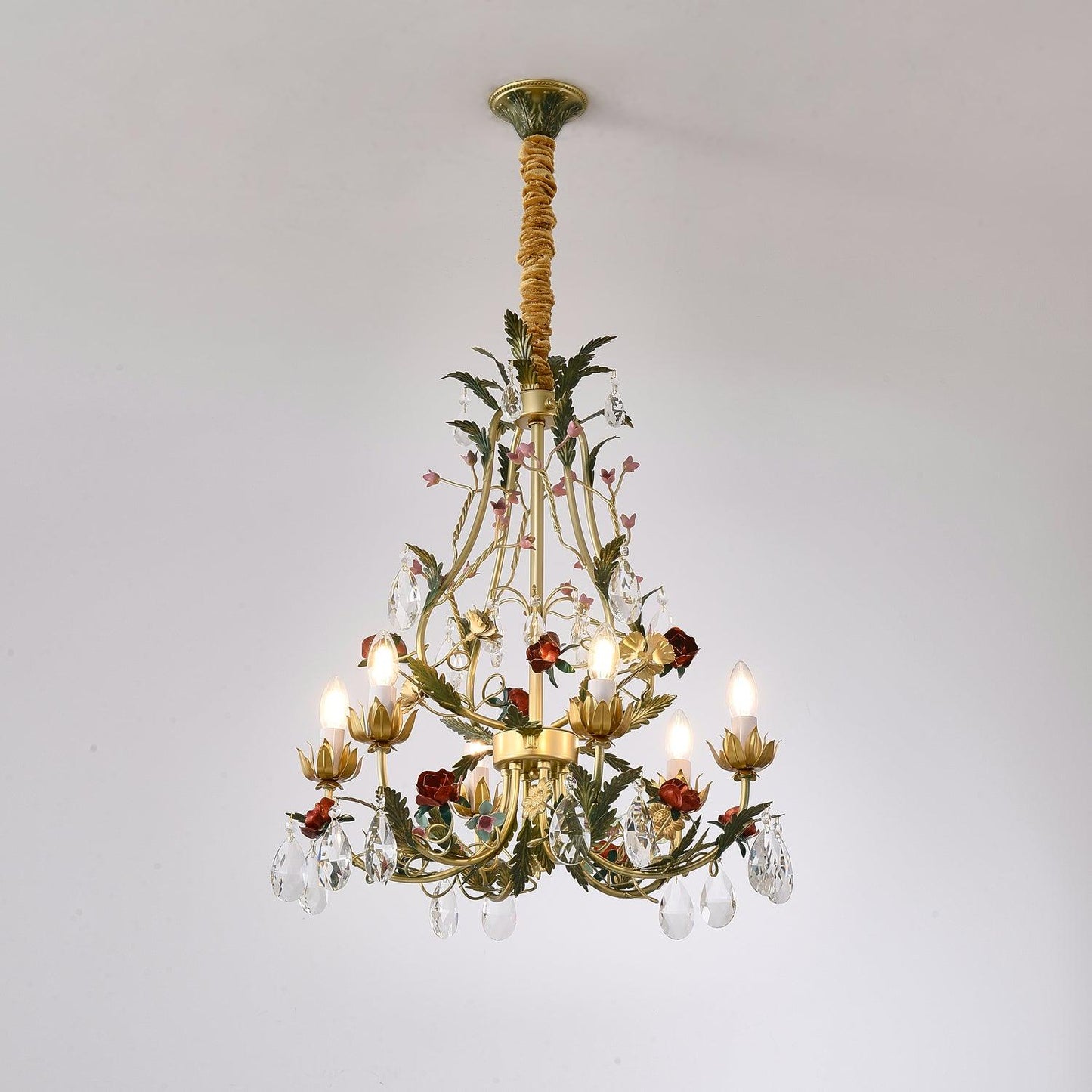 Rose Love Chandelier 6 heads Φ 23.6″ x H 27.6″ / Dia 60cm x H 70cm / Gold & Green & Red Chandelier