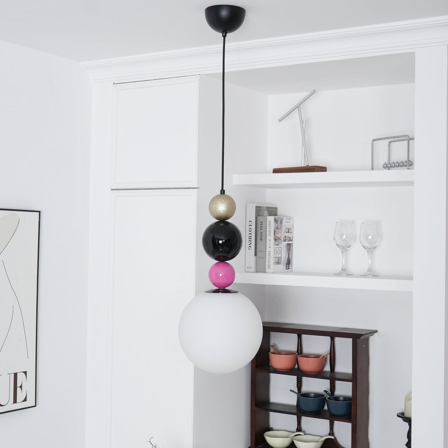 Round Balls Stacking Pendant Lamp Dia 9.8″ x H 22.8″ / Dia 25cm x H 58cm / Pink & Black Pendant light