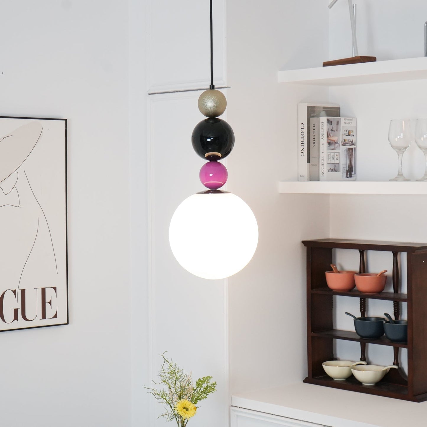 Round Balls Stacking Pendant Lamp Dia 9.8″ x H 22.8″ / Dia 25cm x H 58cm / Pink & Black Pendant light