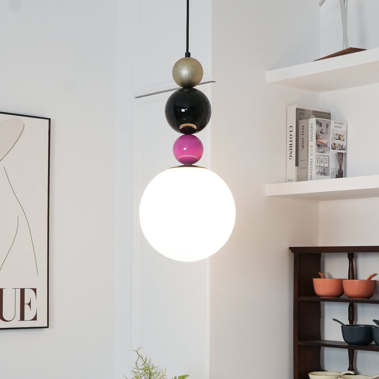 Round Balls Stacking Pendant Lamp Dia 9.8″ x H 22.8″ / Dia 25cm x H 58cm / Pink & Black Pendant light