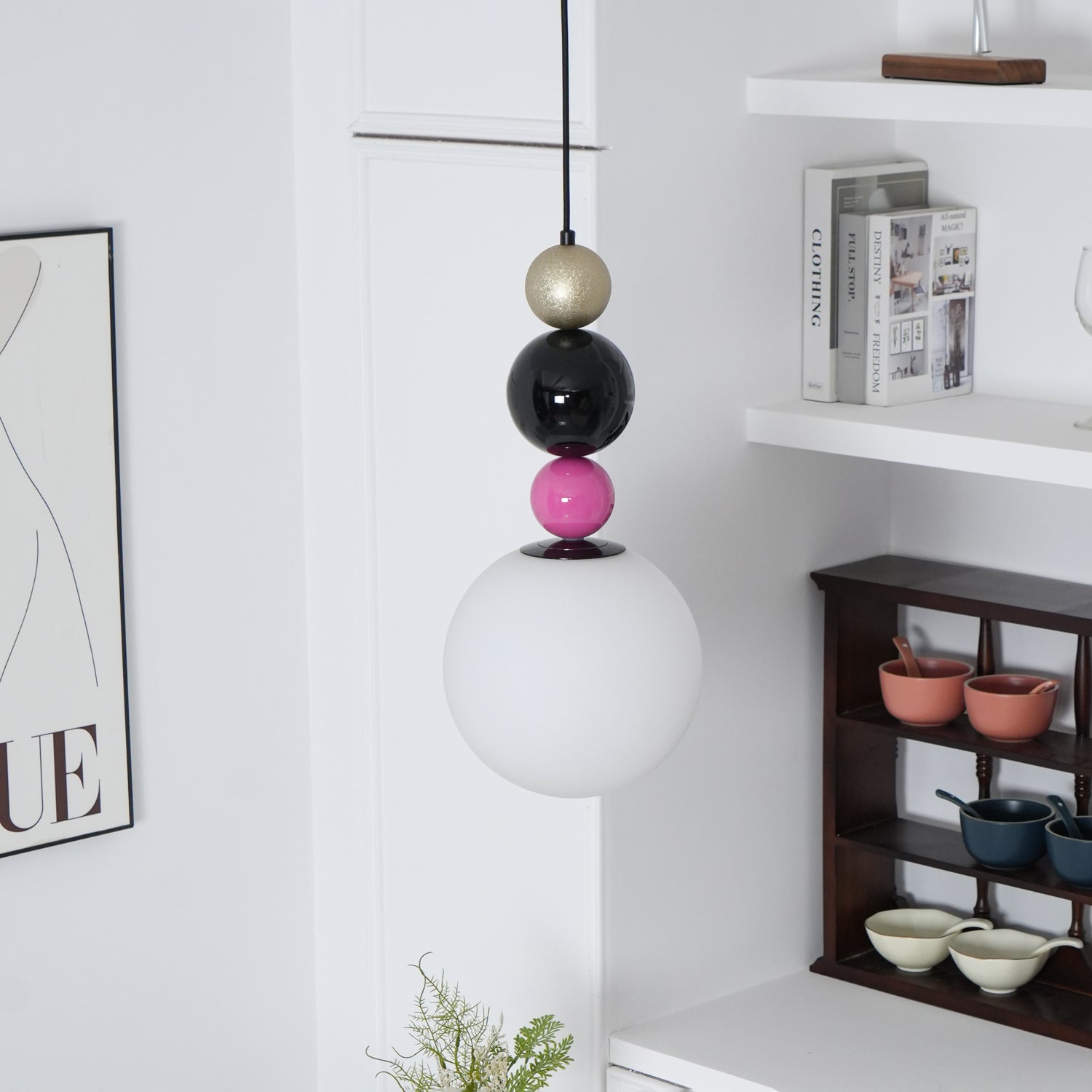Round Balls Stacking Pendant Lamp Dia 9.8″ x H 22.8″ / Dia 25cm x H 58cm / Pink & Black Pendant light