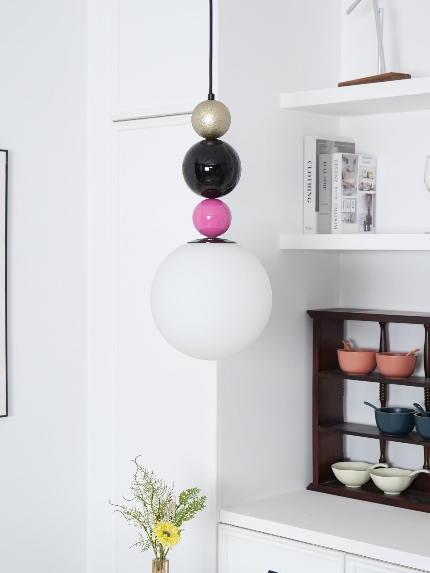Round Balls Stacking Pendant Lamp Dia 9.8″ x H 22.8″ / Dia 25cm x H 58cm / Pink & Black Pendant light