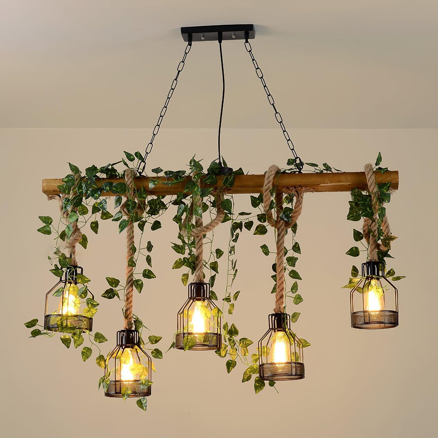 Rustic Wooden Chandelier 5Heads L 43.3″ x H 23.6″ / L 110cm x H 60cm / Black & Wood Color Chandelier