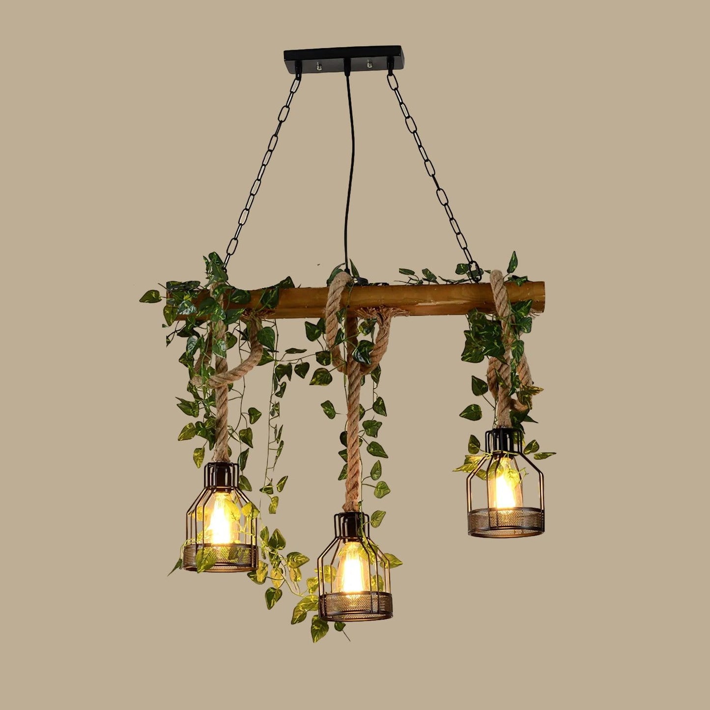Rustic Wooden Chandelier 3Heads L 27.5″ x H 23.6″ / L 70cm x H 60cm / Black & Wood Color Chandelier