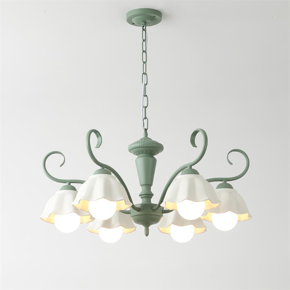 Savoy Flower Chandelier 6 Heads ? 25.5″ x H 12.5″ / Dia 65cm x H 32cm / Green & White Chandelier