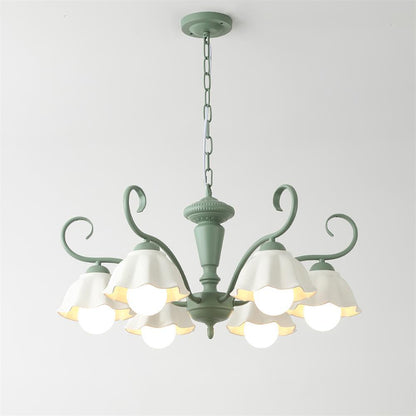 Savoy Flower Chandelier 6 Heads ? 25.5″ x H 12.5″ / Dia 65cm x H 32cm / Green & White Chandelier