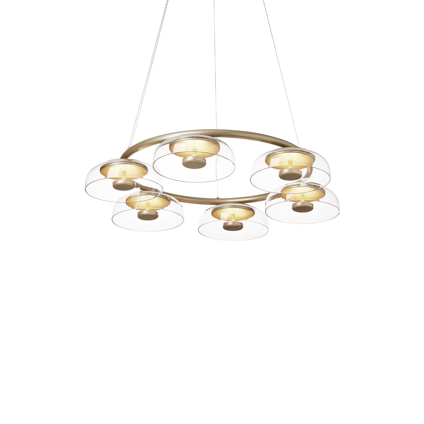 Solara Chandelier 6 heads: 31.5″ x H 59″ / Brass & Clear / Warm Light Chandelier