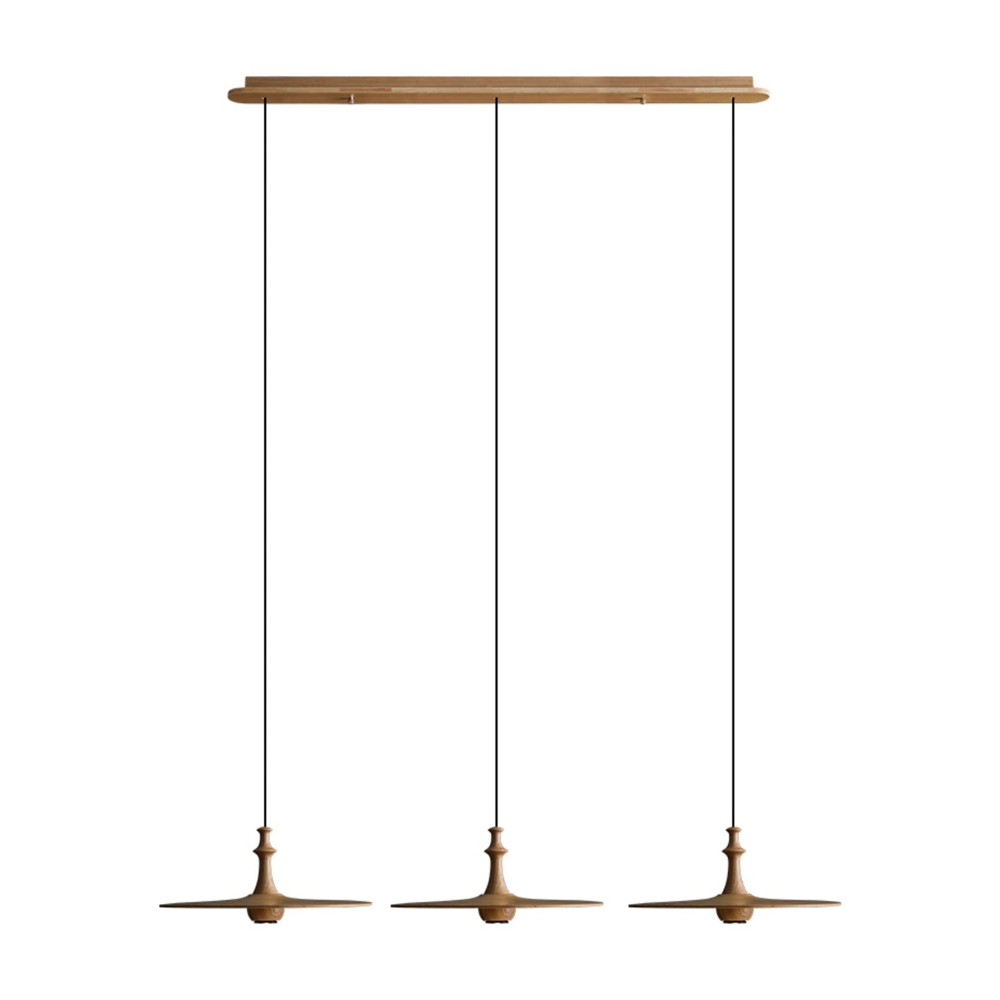 Spindle Disc Pendant Lamp Long canopy 3 heads: L 45.7″ x H 9.1″ / Wood Color Pendant light