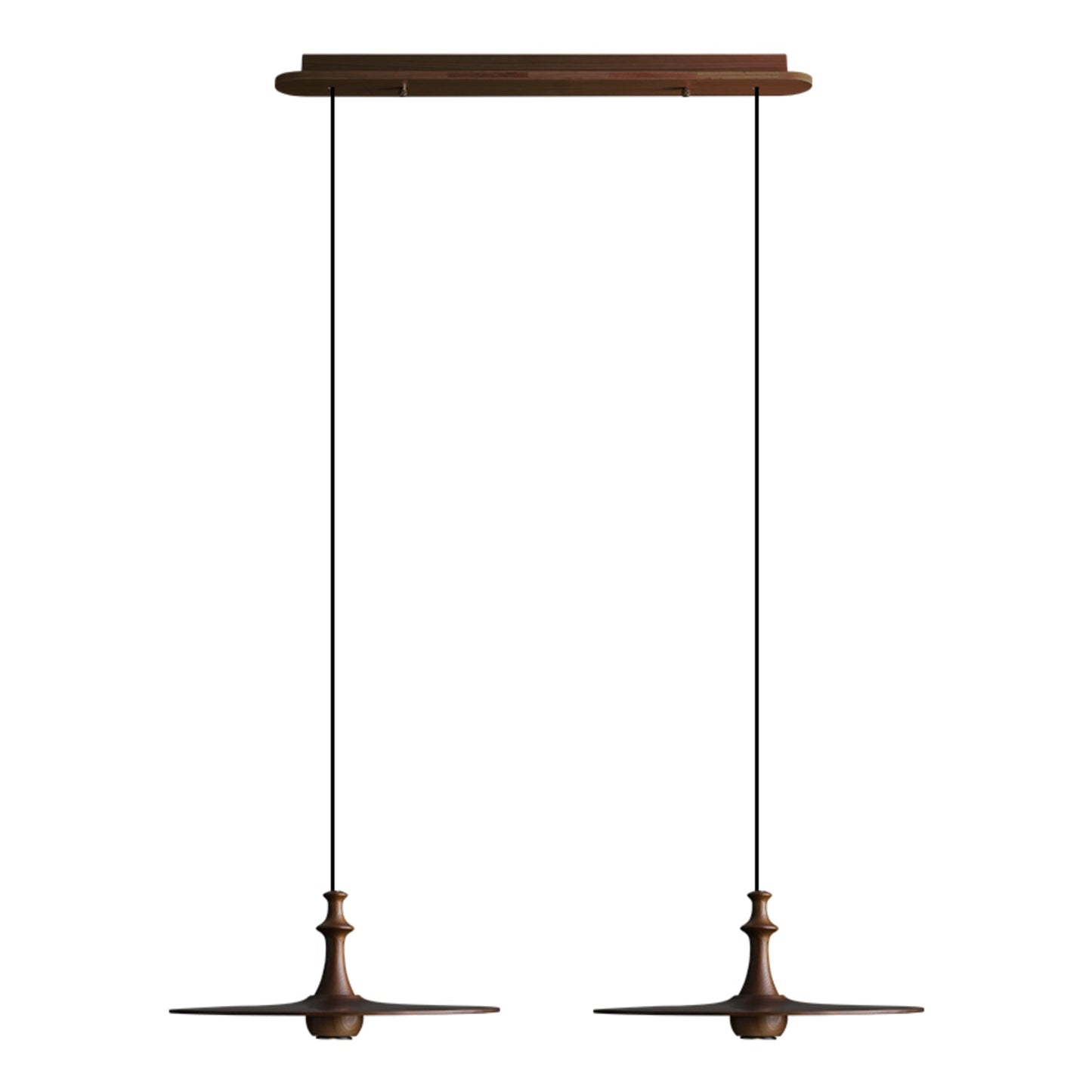 Spindle Disc Pendant Lamp Long canopy 2 heads: L 29.9″ x H 59.1″ / Walnut Color Pendant light